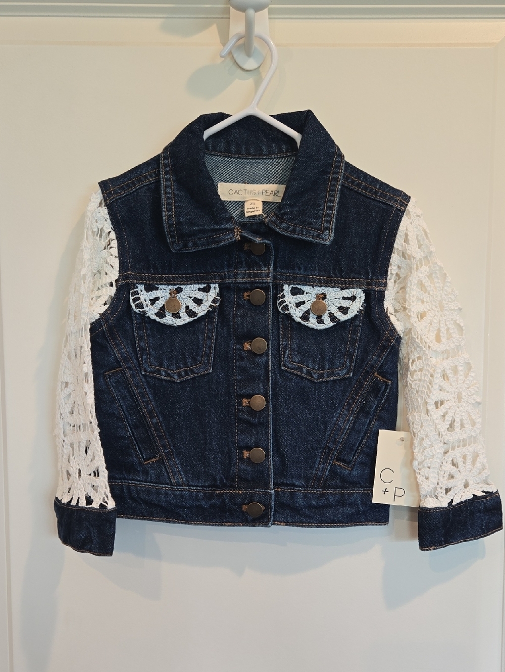 Toddler Girls' Dark Blue Denim Jacket with White Crochet Sleeves